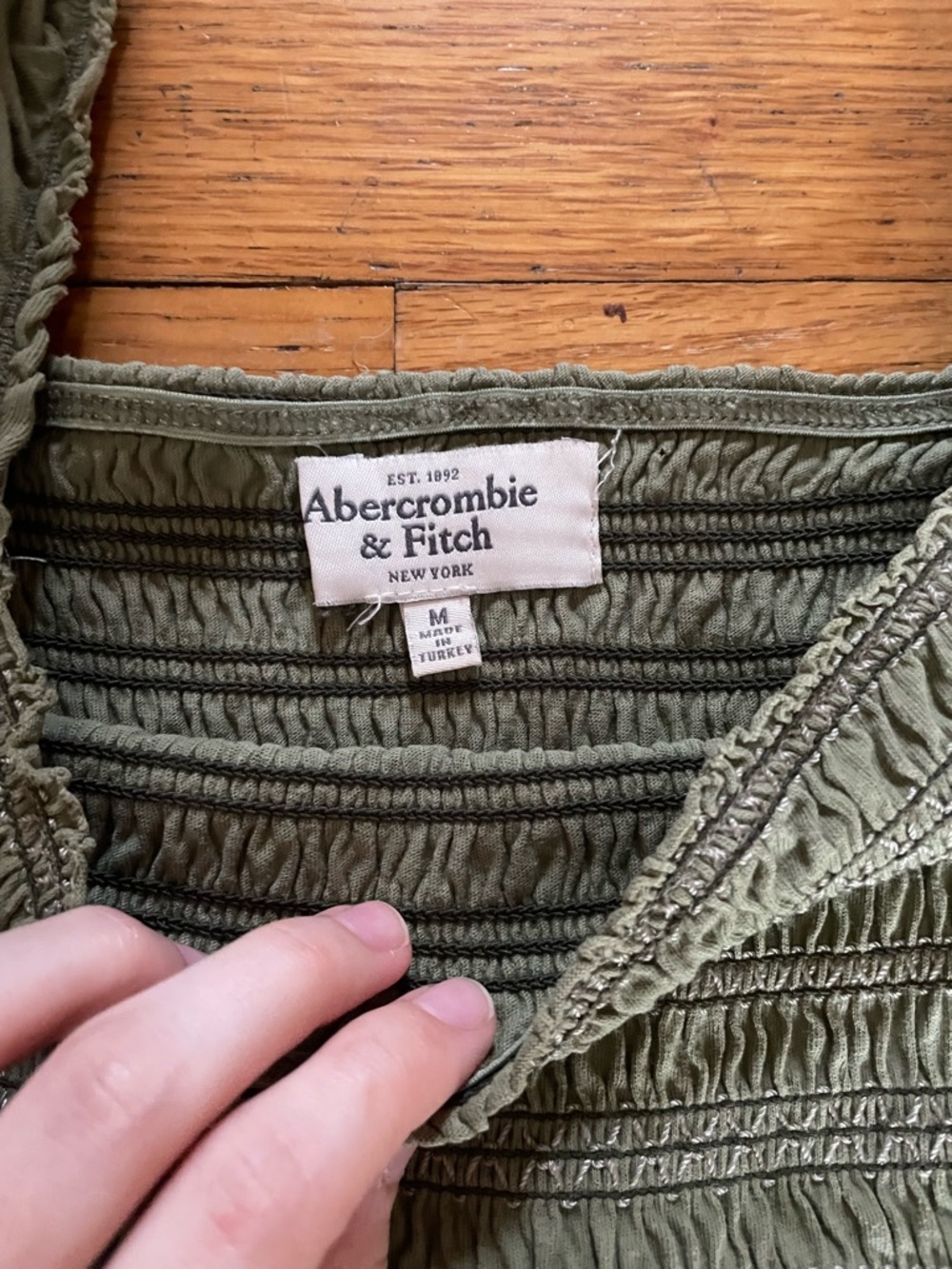 Olive Green Smocked Puff-Sleeve top - Picture 2 of 3